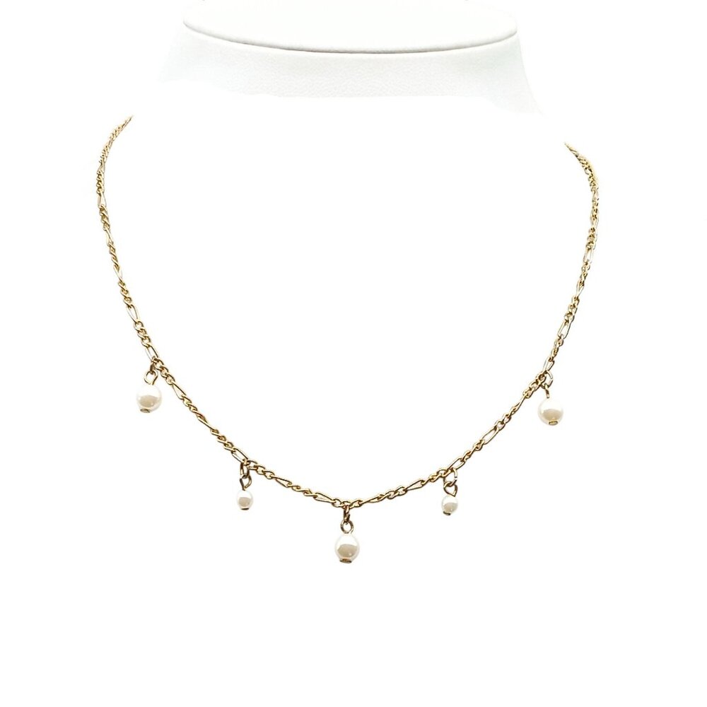 Gold Chain Necklace With Dangling Faux Pearl Charms Delicate Vintage Choker